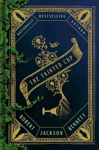Dark blue book cover with gold floral and skull designs.