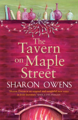Book cover: "The Tavern on Maple Street" by Sharon Owens, with candles and fireplace.