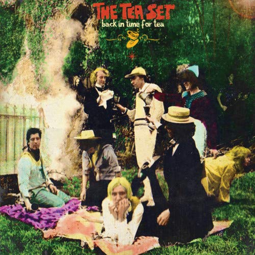 "Vintage-styled album cover with people in old-fashioned clothing having a tea party outdoors."