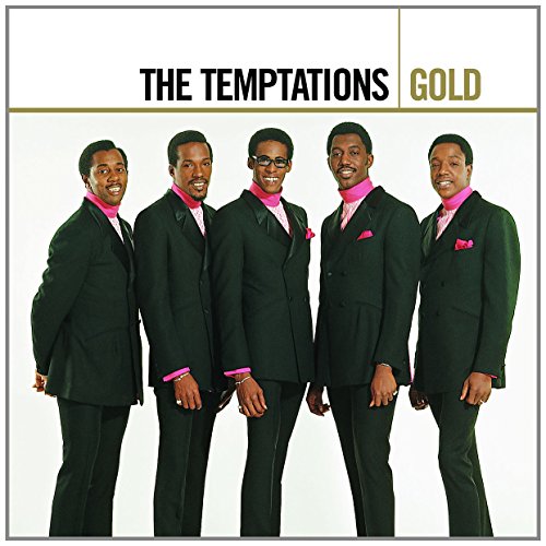 The Temptations posing in black suits with pink turtlenecks on a white background.