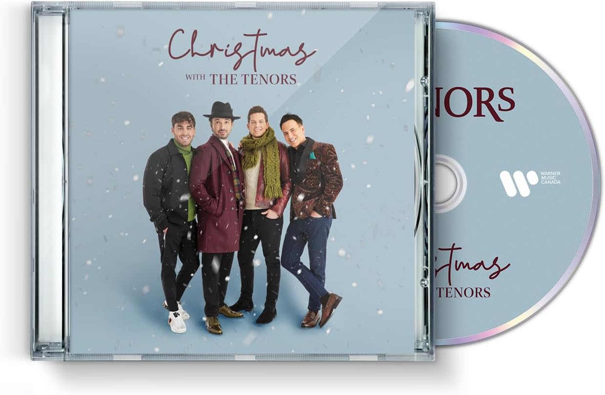 CD case for "Christmas with The Tenors" featuring four men in winter attire.