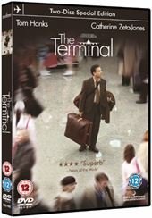 DVD cover for “The Terminal” featuring Tom Hanks with luggage.
