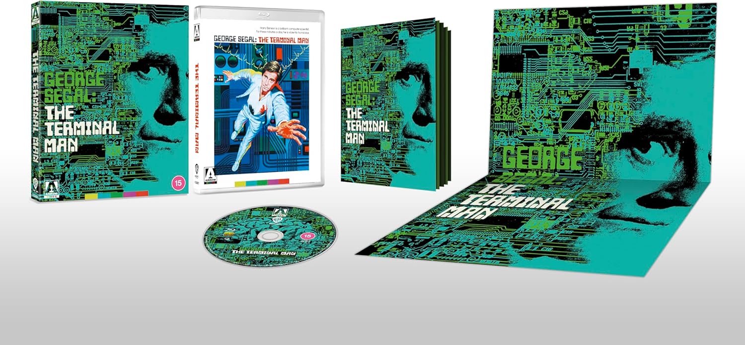 The Terminal Man Blu-ray set featuring circuit board art, disc, case, and collector's booklet.