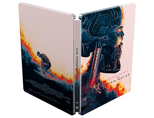The Terminator steelbook case featuring a robotic skull and fiery background imagery.