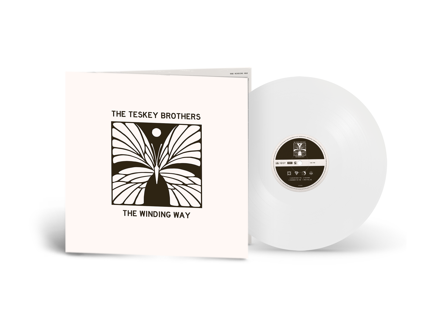 White vinyl record and album cover with a black logo design.