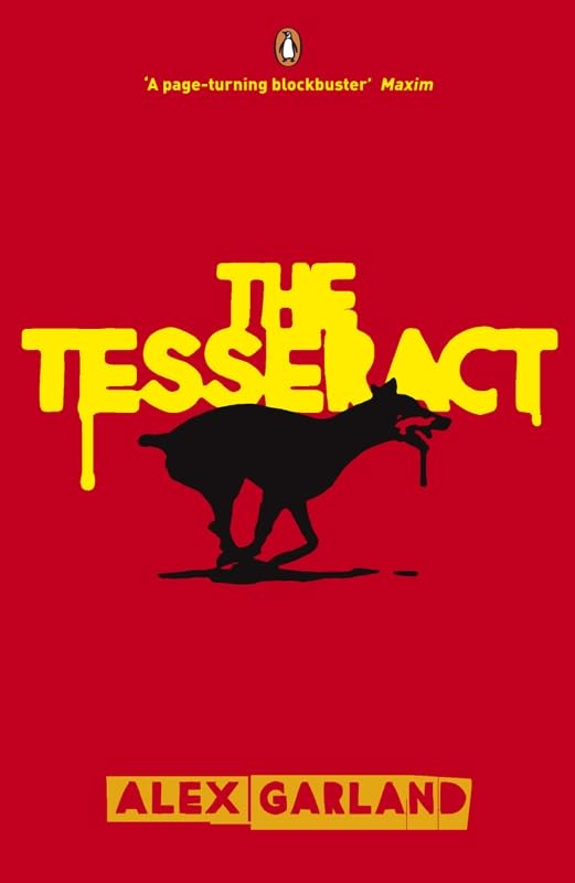 Book cover: "The Tesseract" with melting yellow text and a silhouetted dog.