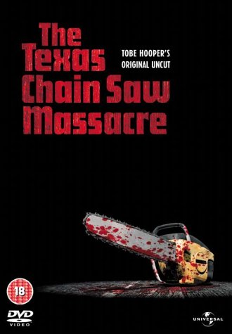 DVD cover for "The Texas Chainsaw Massacre" featuring a bloodied chainsaw.