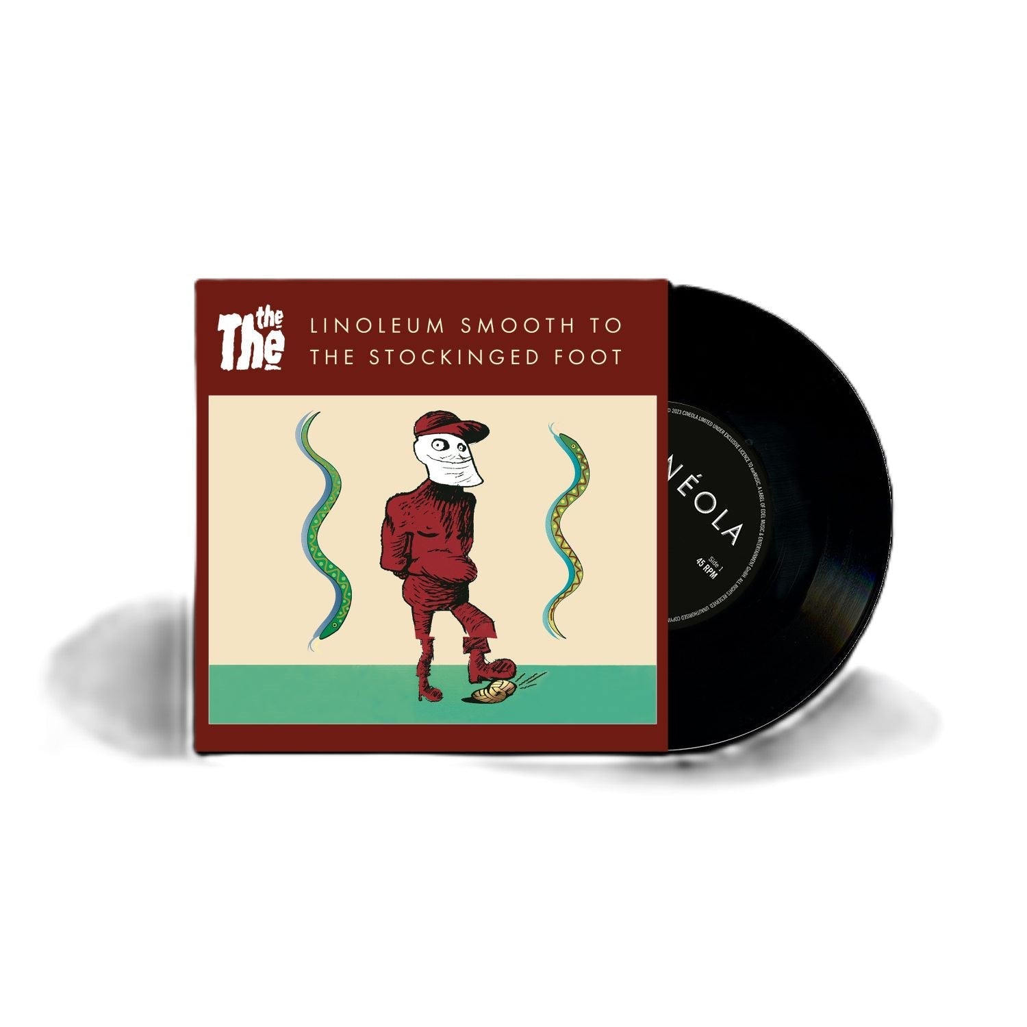 Vinyl record and cover art featuring a cartoon figure in red.