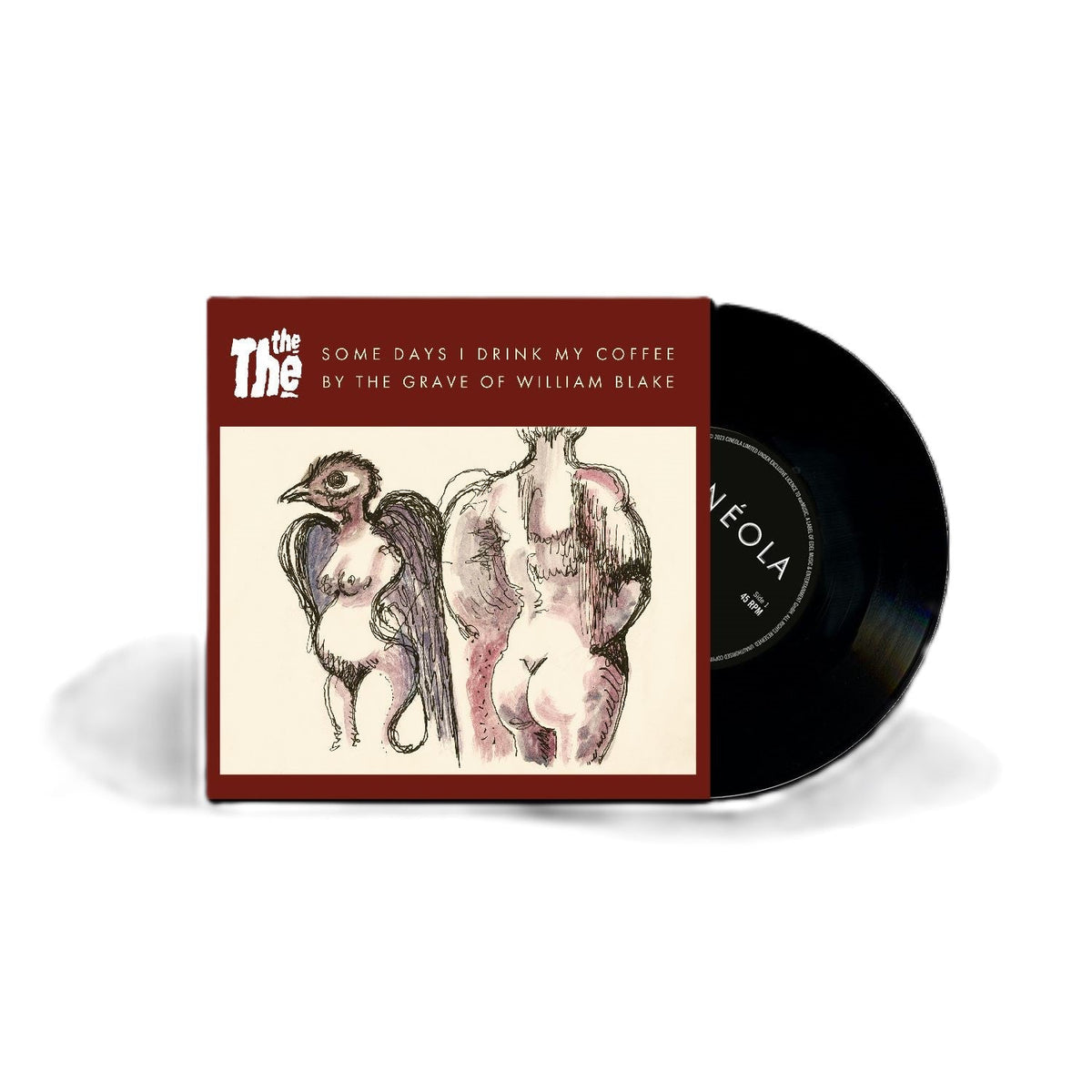 Vinyl record and cover art featuring a sketched bird-like figure.