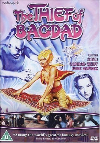 DVD cover for "The Thief of Bagdad" featuring a man on a magic carpet.