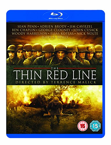 Blu-ray cover for The Thin Red Line featuring soldiers in combat and cast names.