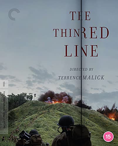 Blu-ray cover art for The Thin Red Line featuring soldiers on a grassy hill.