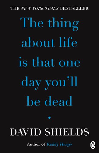 Book cover with blue text on black, title: "The thing about life...