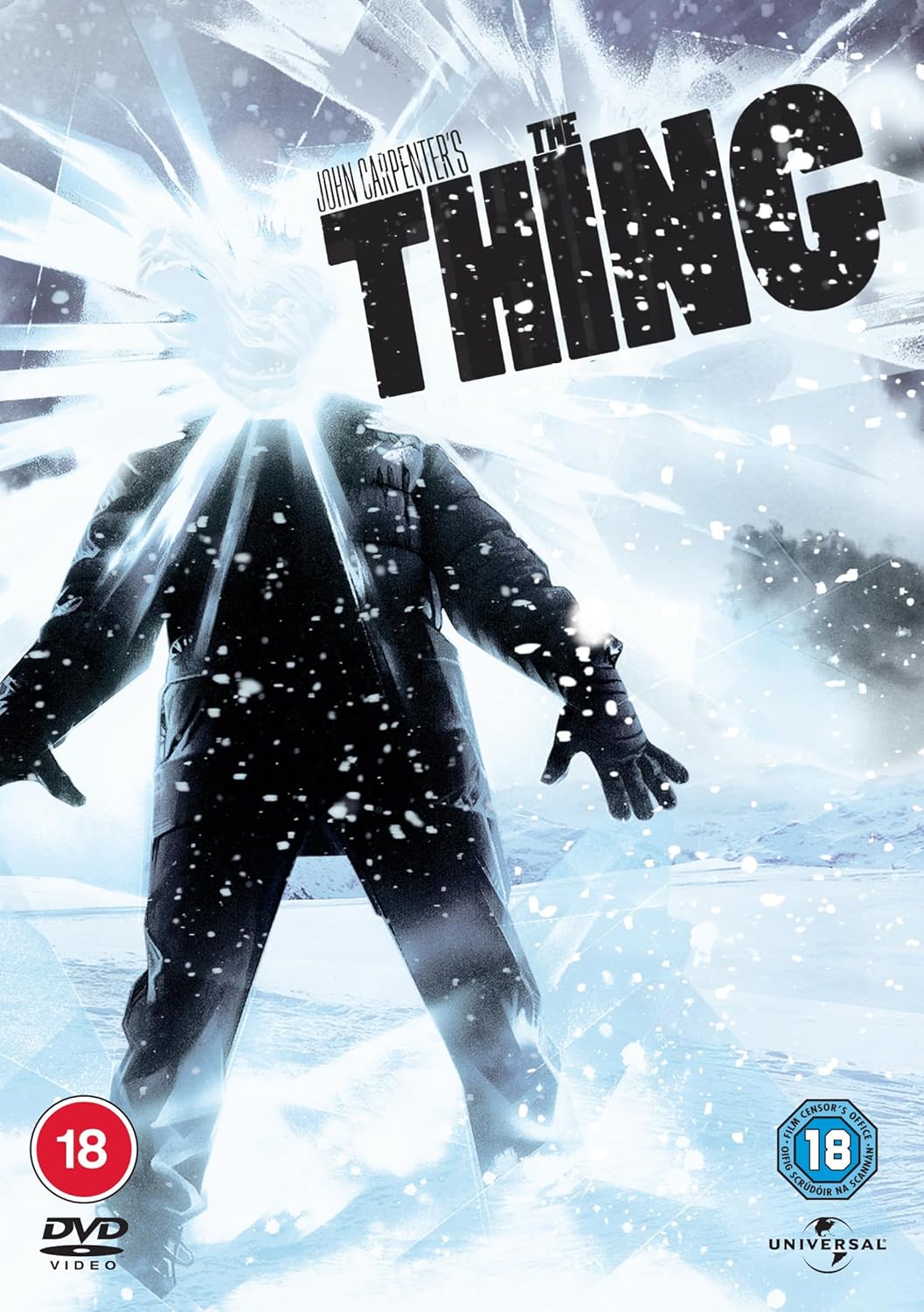 DVD cover for "The Thing" featuring a figure in a snowy landscape.