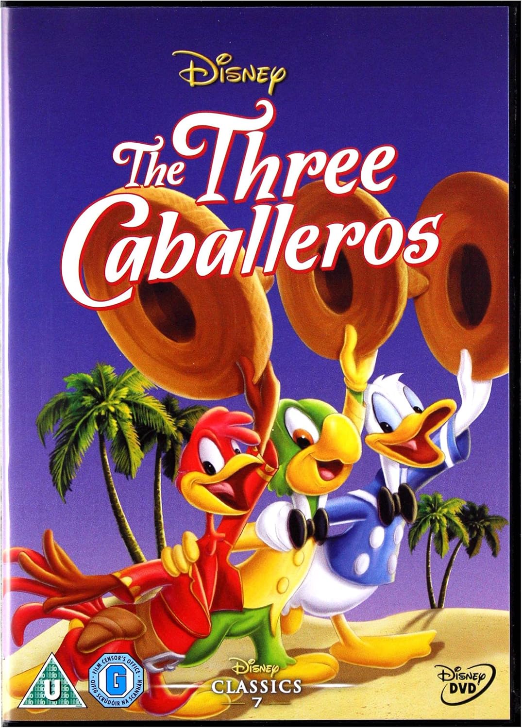 DVD cover of The Three Caballeros featuring Donald Duck and friends holding sombreros.