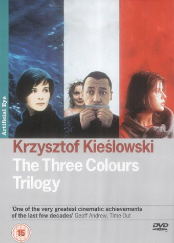 DVD cover for The Three Colours Trilogy featuring three actors against French flag colors.
