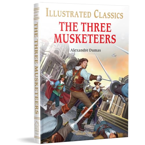 Book cover of The Three Musketeers showing sword-fighting characters in front of a building.