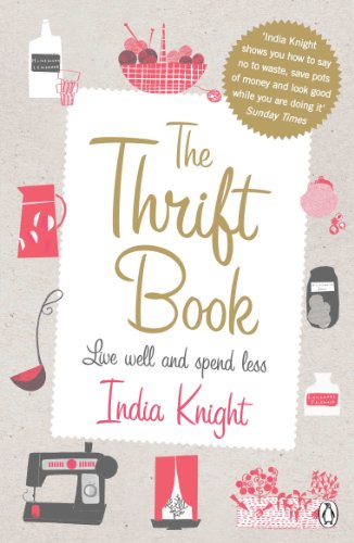 Book cover: "The Thrift Book" by India Knight, with red illustrated objects.