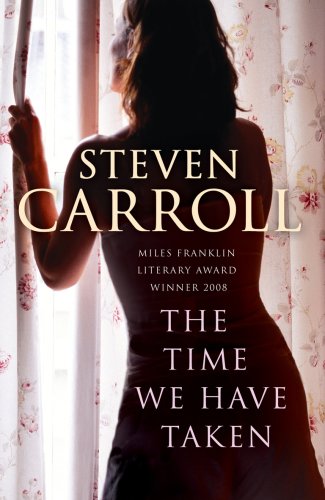Book cover: woman’s back seen through patterned curtains, title “The Time We Have Taken.”