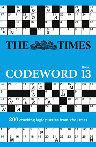 Book cover with blue background, crossword grid, and "The Times Codeword 13" title.