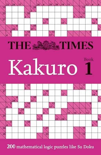 Kakuro puzzle book cover with pink background and white grid patterns.