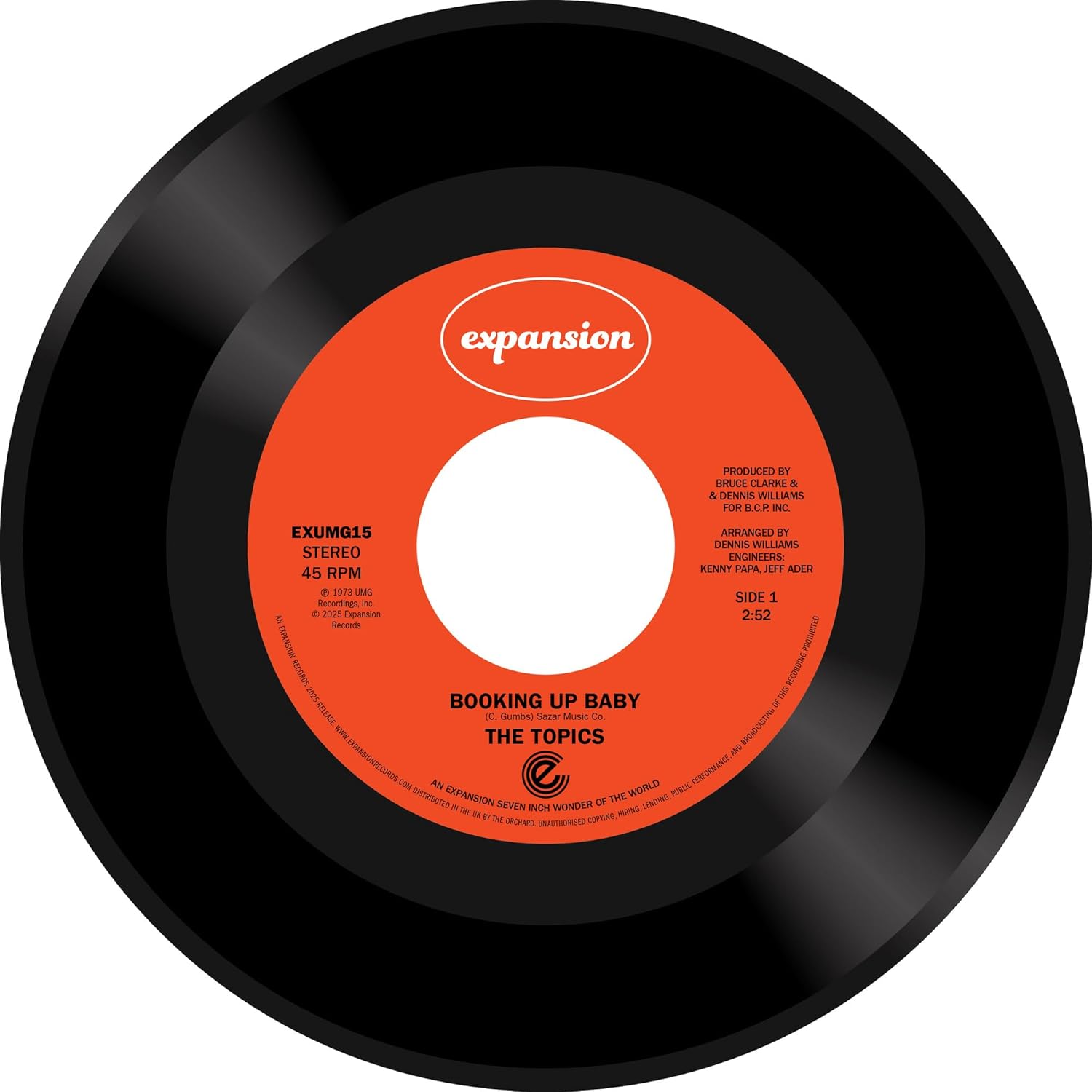 Red vinyl record label for "Booking Up Baby" by The Topics.