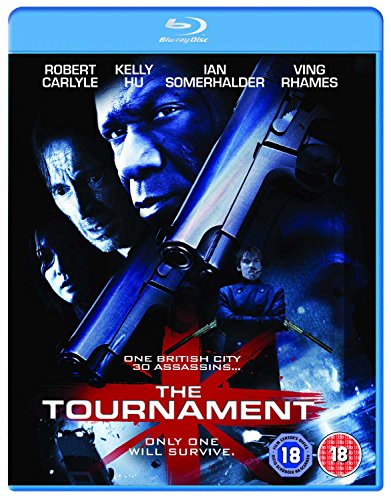 Blu-ray cover for "The Tournament" featuring actors and a gun.