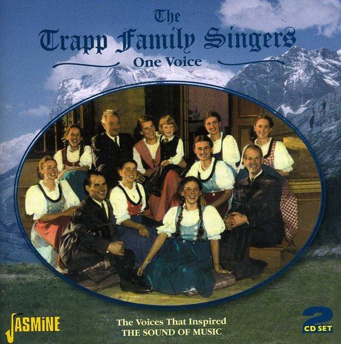 "CD cover featuring The Trapp Family Singers in traditional Austrian attire, with Alpine mountains."