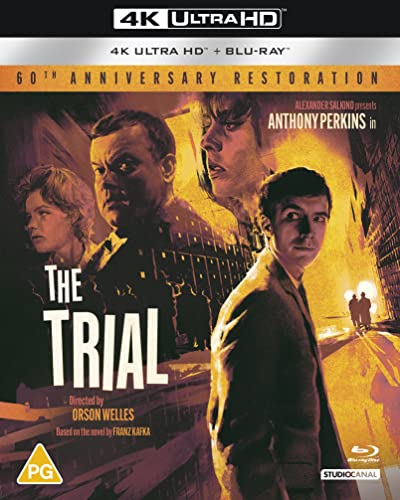 “The Trial” UHD Blu-ray cover with three figures in a dramatic, shadowy scene.