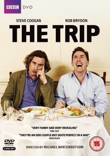 DVD cover for The Trip featuring Steve Coogan and Rob Brydon dining at a table.