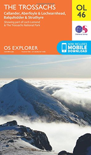 Ordnance Survey Explorer map cover for The Trossachs featuring a snow-covered mountain peak.