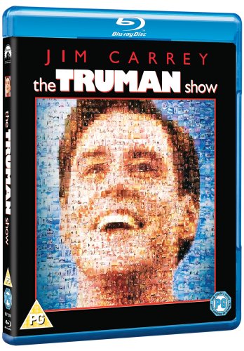 The Truman Show" Blu-ray case featuring Jim Carrey's face composed of images.