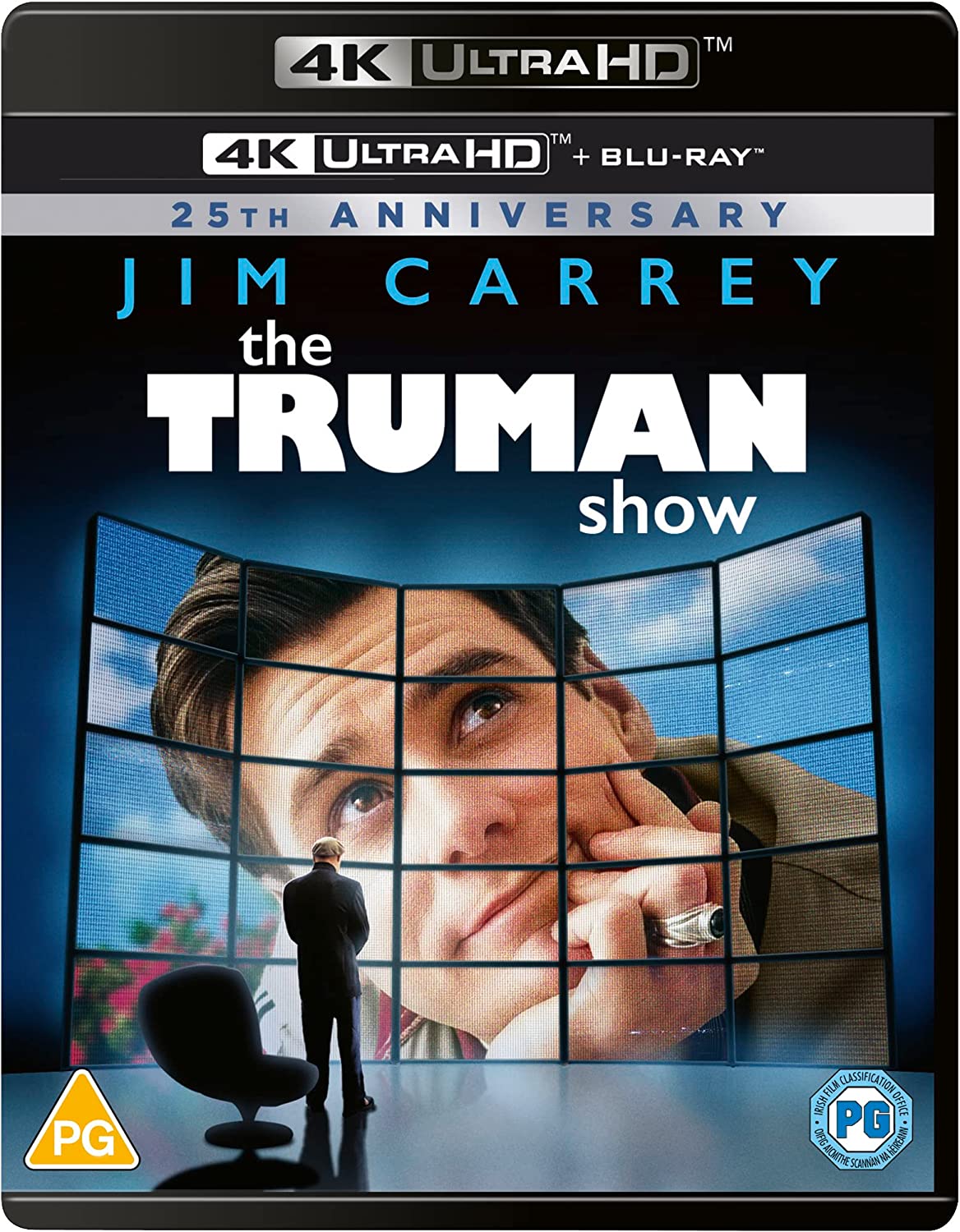 "The Truman Show" Blu-ray case with Jim Carrey's face on a grid screen.