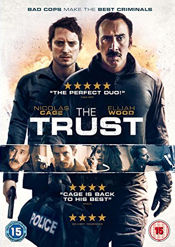 DVD cover for "The Trust" featuring Nicolas Cage and Elijah Wood in dark attire.
