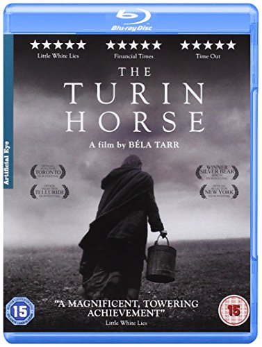 Blu-ray cover for "The Turin Horse" featuring a lone figure in a bleak landscape.
