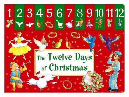 Colorful illustration depicting scenes from “The Twelve Days of Christmas” song.