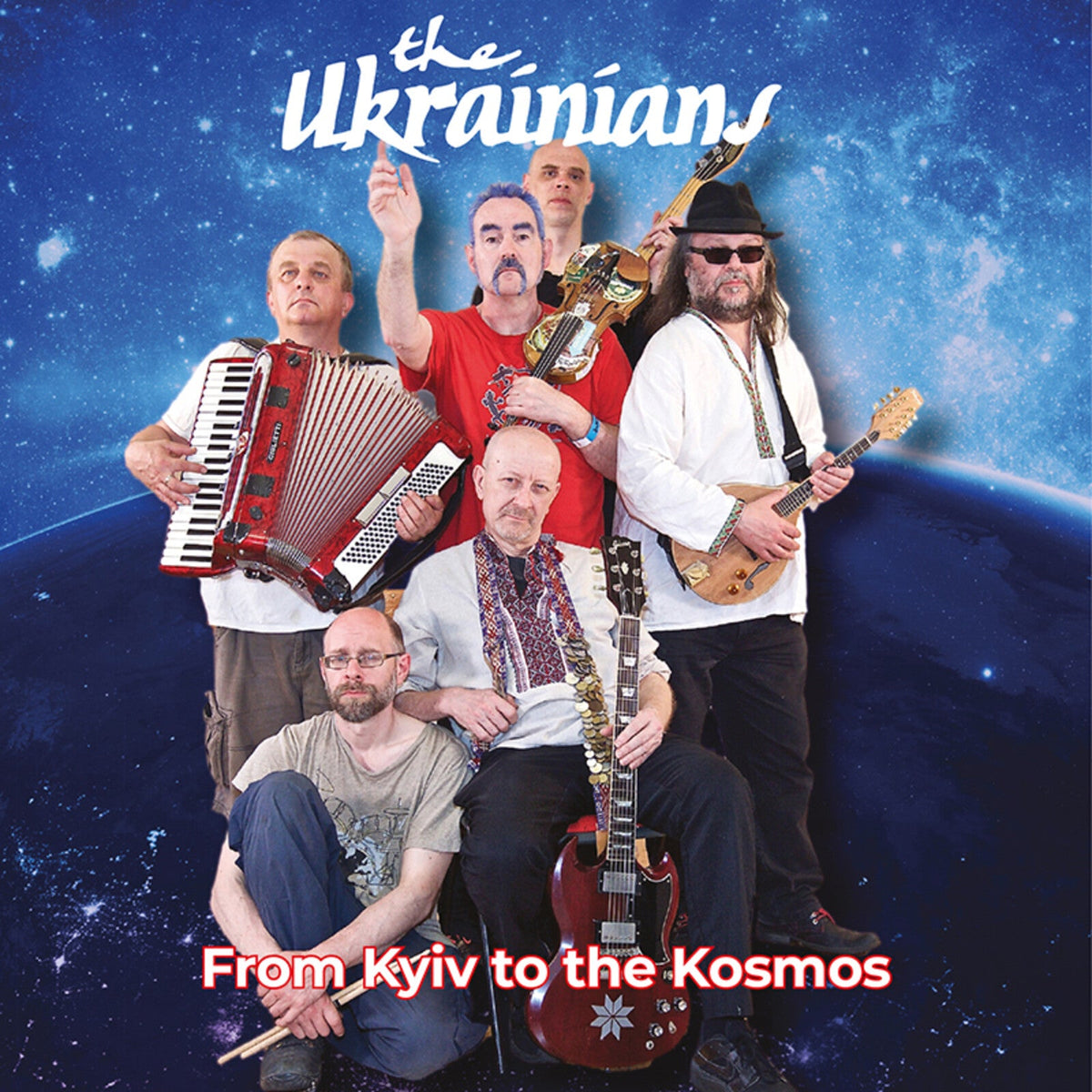 CD cover featuring a group of musicians with instruments, Earth in background.