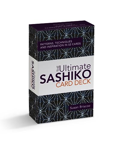 A box for The Ultimate Sashiko Card Deck featuring a dark blue geometric pattern.
