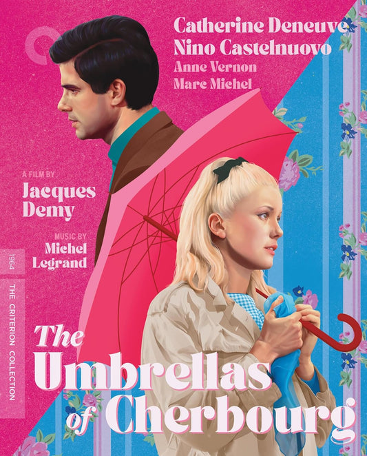Illustrated movie cover showing a man and woman with an umbrella against pink background.