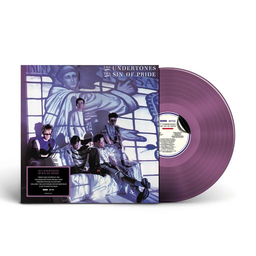 Plum vinyl record with album cover featuring a band and statue.