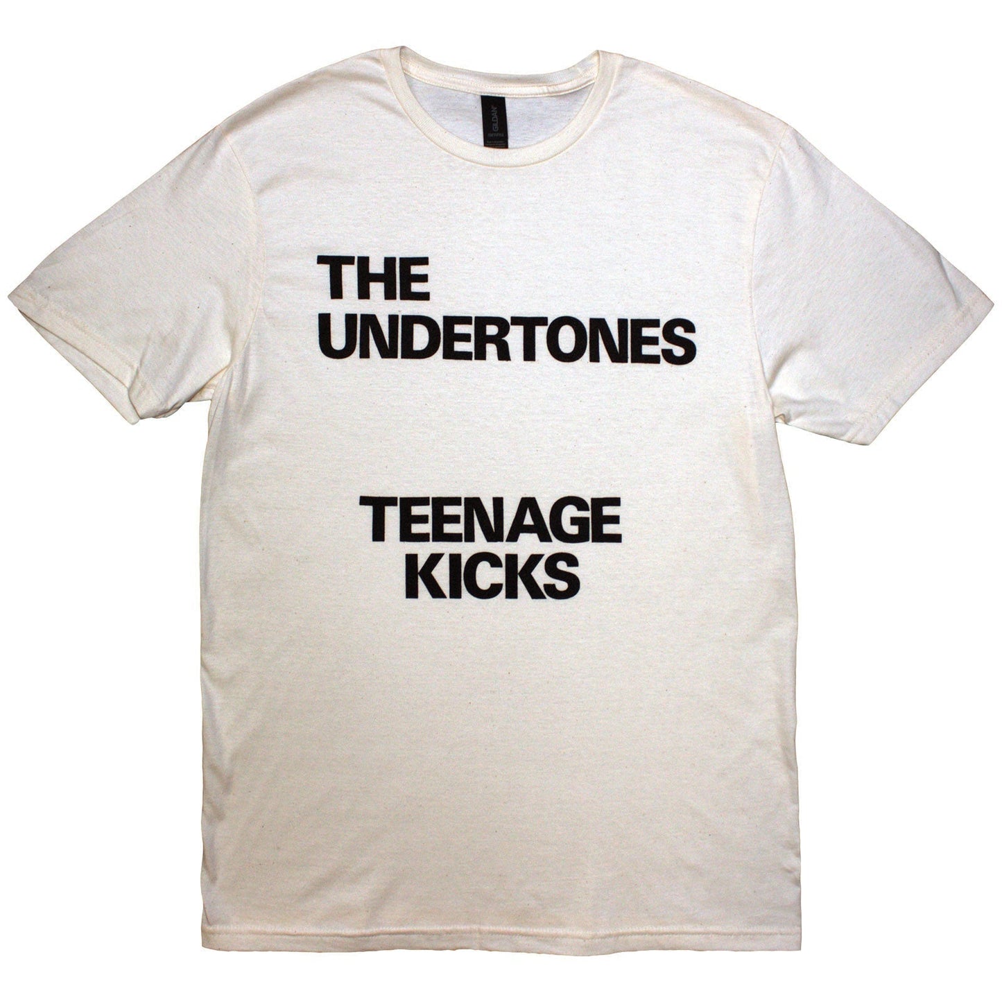 Natural-colored t-shirt with black text reading “Teenage Kicks” by The Undertones.