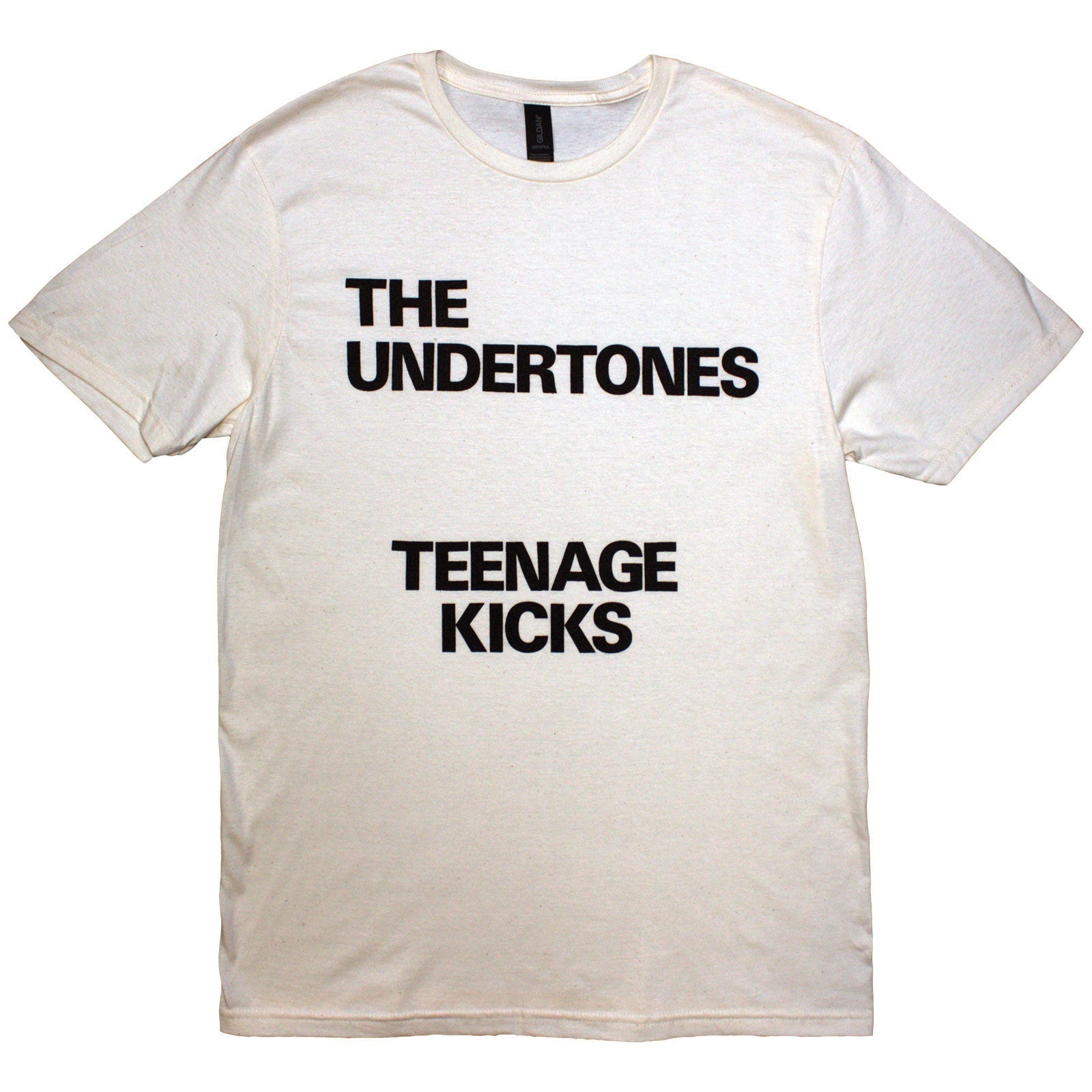 Natural-colored t-shirt with black text reading “Teenage Kicks” by The Undertones.