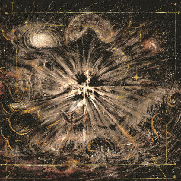 Dark, swirling abstract painting with gold lines on a square record cover.