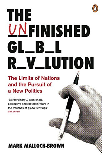 Book cover: "The Unfinished Global Revolution" with a hand holding a pen.