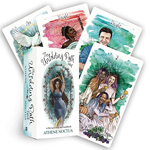 Watercolor tarot deck and guidebook featuring diverse illustrated figures.