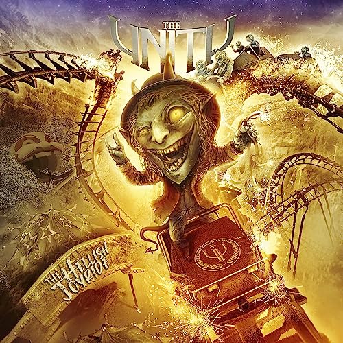 A grinning, horned creature rides a roller coaster through a fiery, chaotic amusement park.