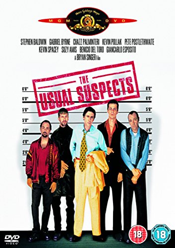 DVD cover for "The Usual Suspects" featuring a police lineup of five men.