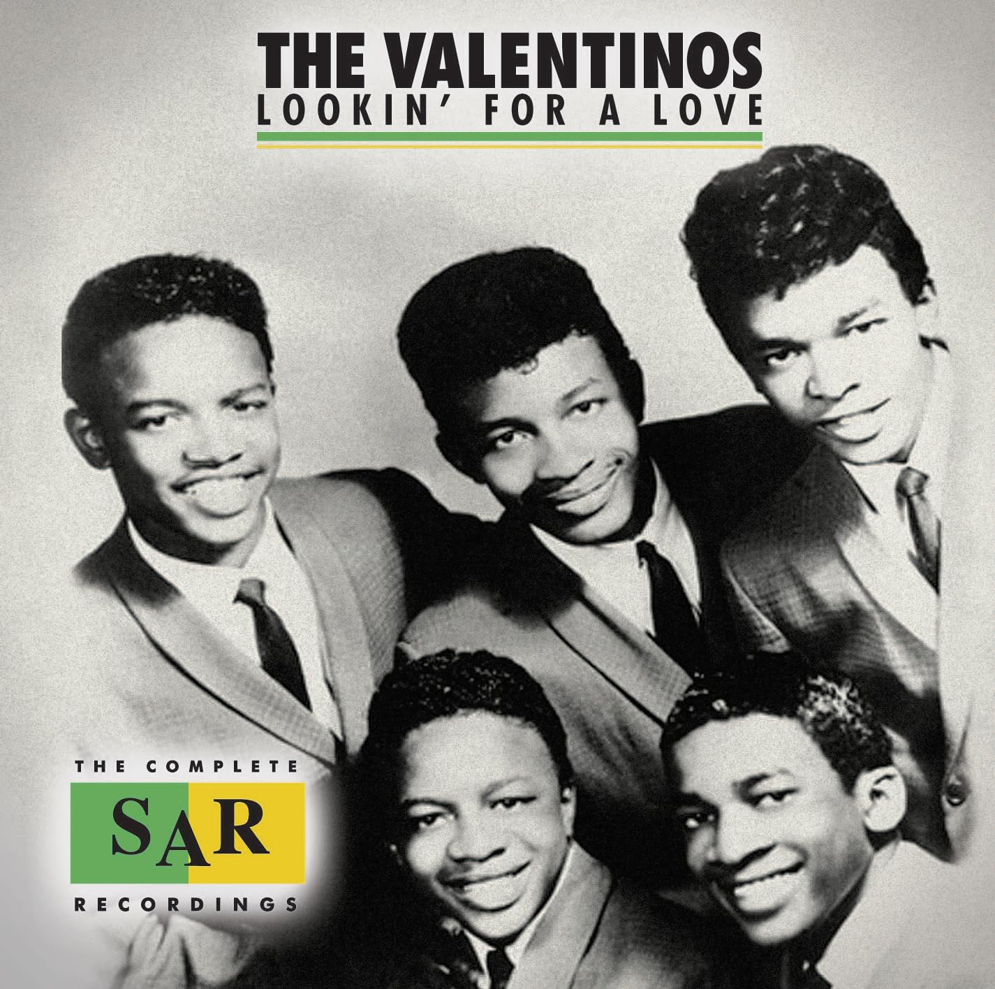 Black and white photo of five young men, album cover for The Valentinos.