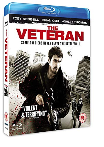 Blu-ray cover for "The Veteran" featuring a man with a gun in a city.