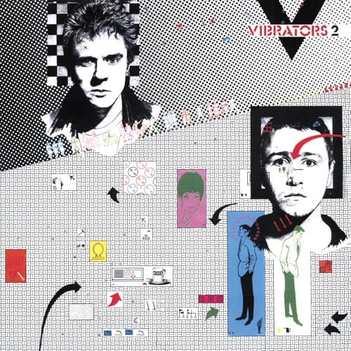 Album cover art for The Vibrators V2 featuring portraits, geometric patterns, and graphic illustrations.